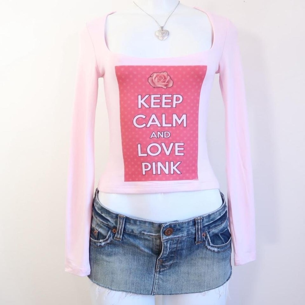 y2k‎ keep calm love pink long sleeve baby tee square neck size S